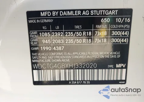 2017 Mercedes-Benz Gla 250 4Matic z USA, uszkodzony, nr VIN WDCTG4GBXHJ332020